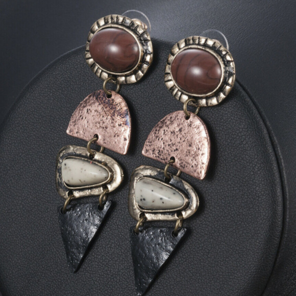 Jewelry - Big Long Rustic Dendrite Jasper Shungite Earrings
